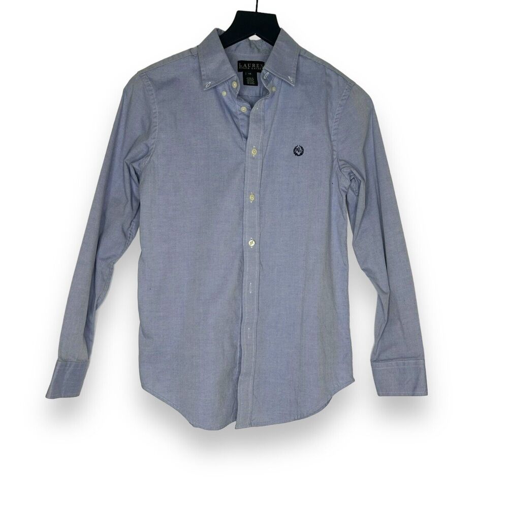 RALPH LAUREN Blue Chambray Button‎ Up Shirt Crescent Logo Youth 14 Preppy Boys